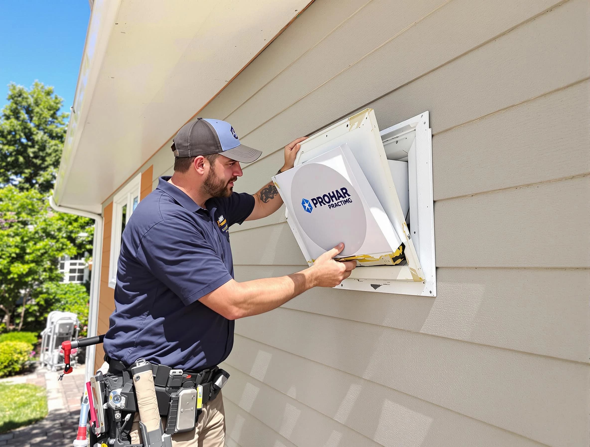 Sandy Springs Dryer Vent Cleaning technician installing a new protective dryer vent cover on a home in Sandy Springs