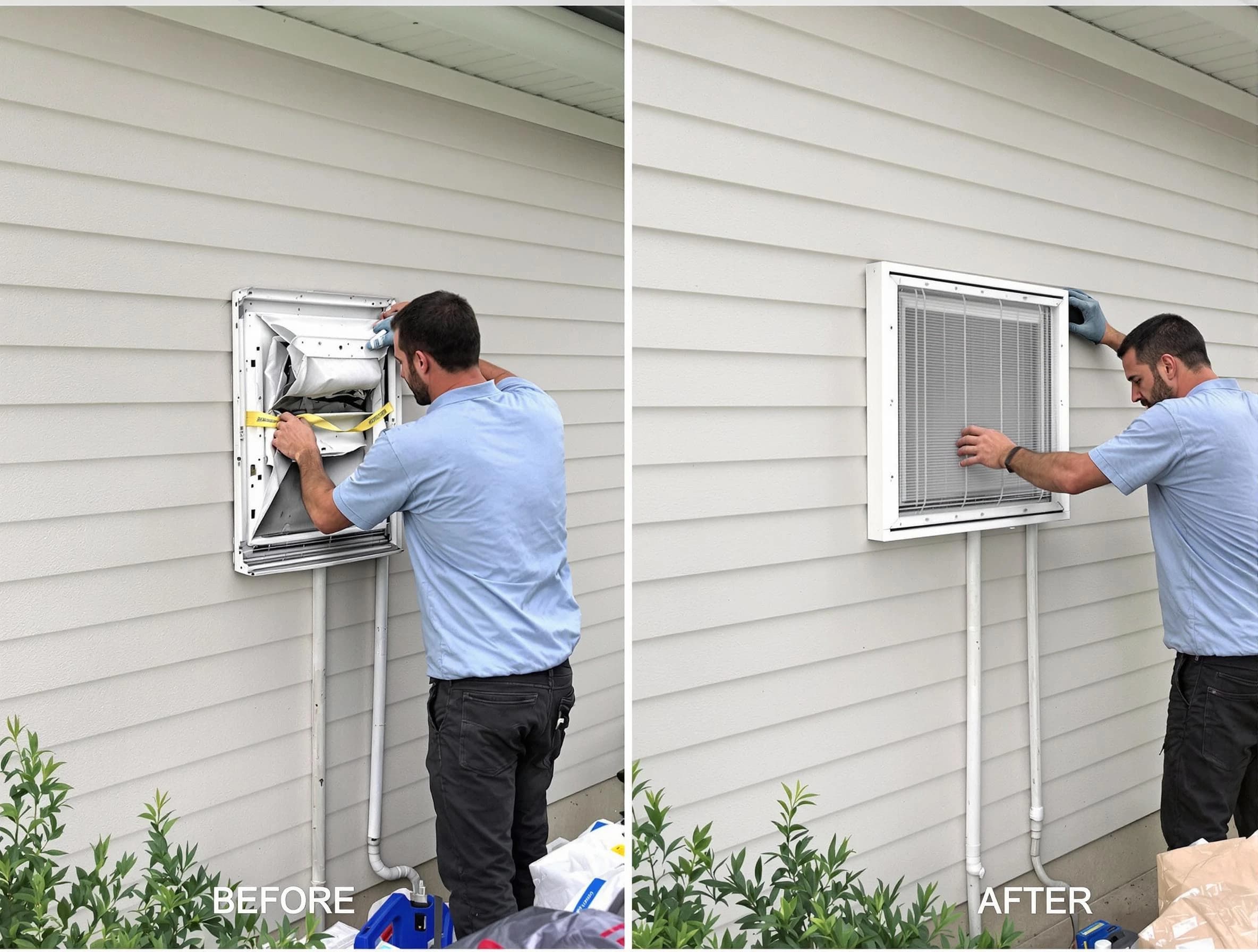 Sandy Springs Dryer Vent Cleaning technician installing high-quality dryer vent cover at a residential property in Sandy Springs