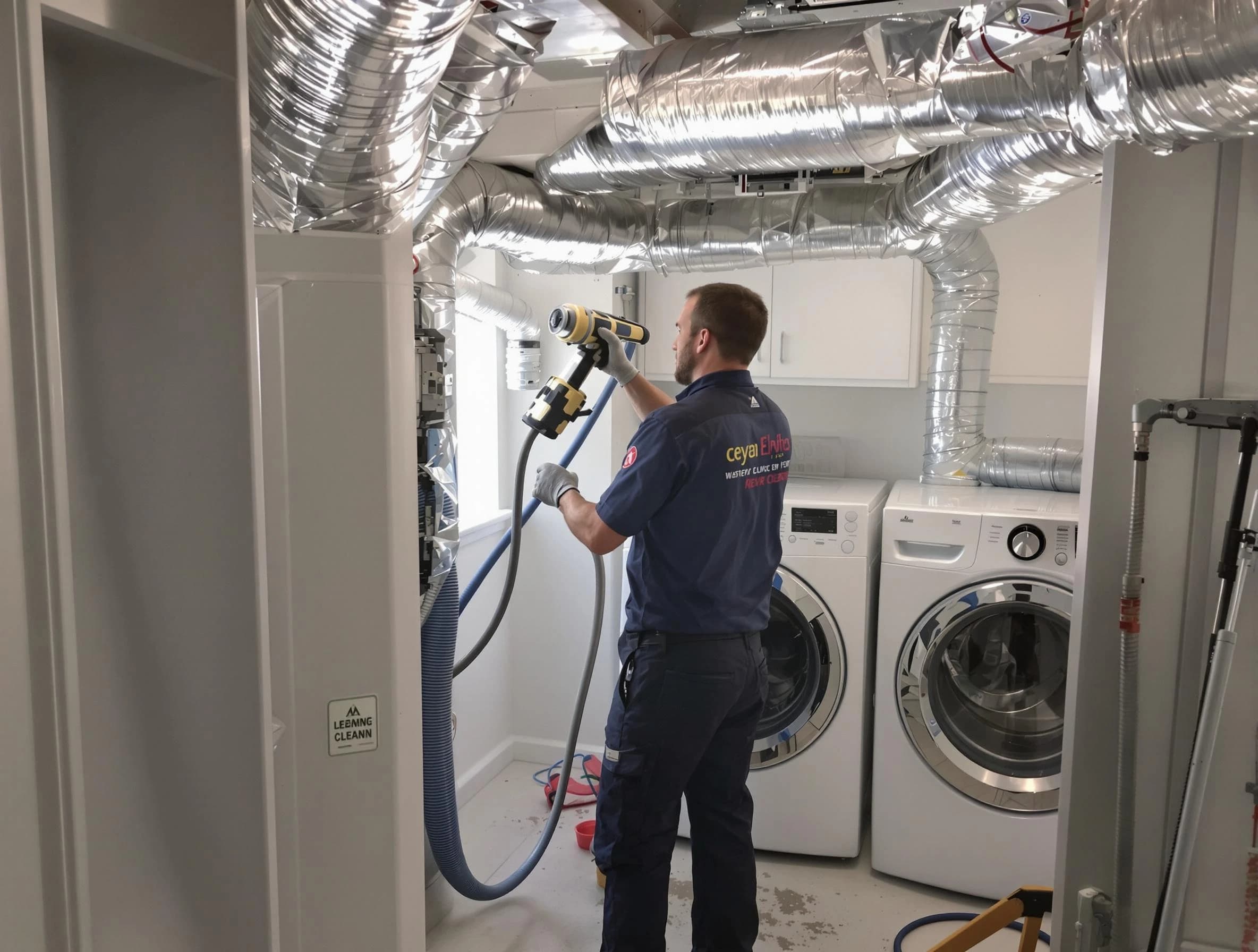 Sandy Springs Dryer Vent Cleaning specialist using advanced equipment for thorough duct cleaning in Sandy Springs