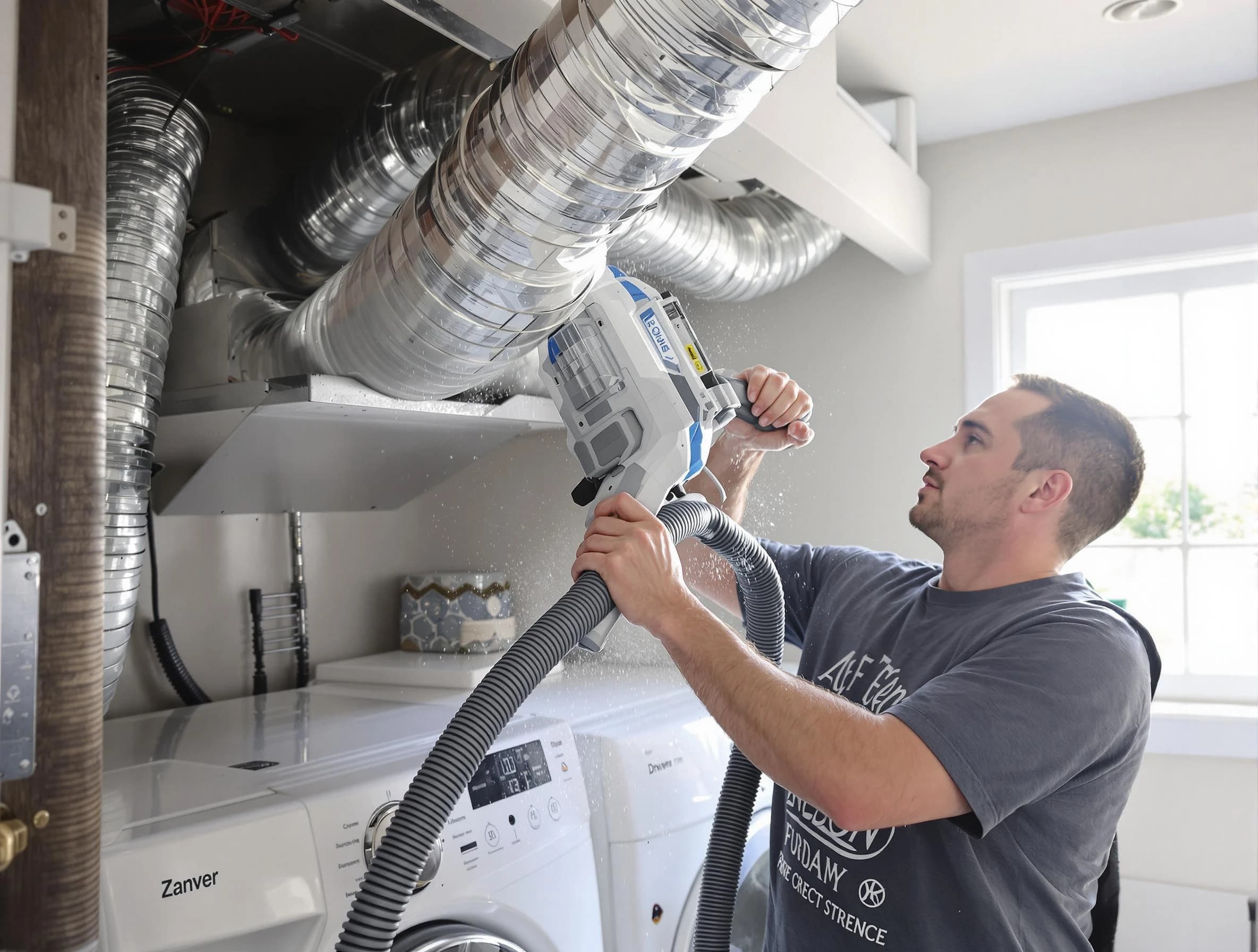 Sandy Springs Dryer Vent Cleaning specialist cleaning deep within a dryer vent duct system in Sandy Springs