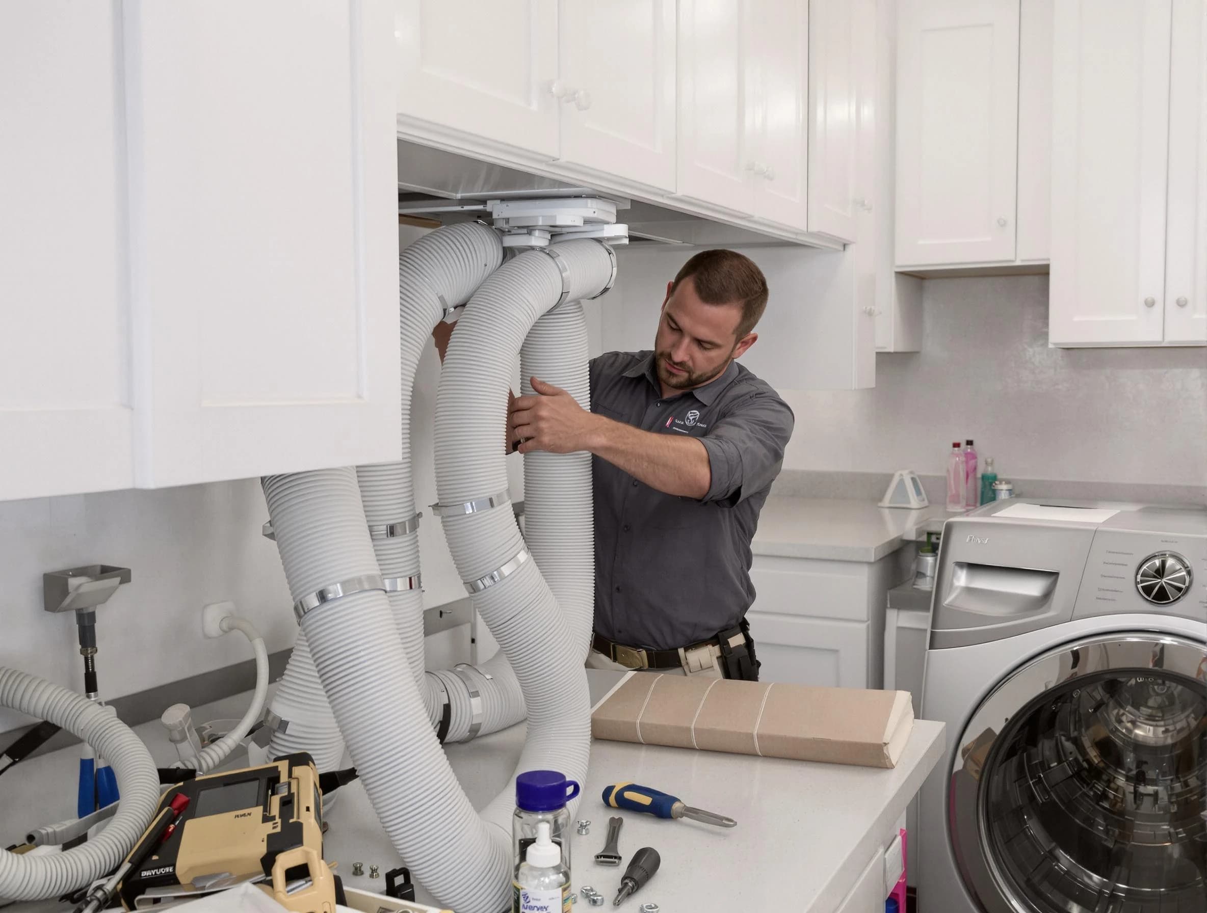 Sandy Springs Dryer Vent Cleaning technician installing a new professional-grade dryer vent hose in Sandy Springs