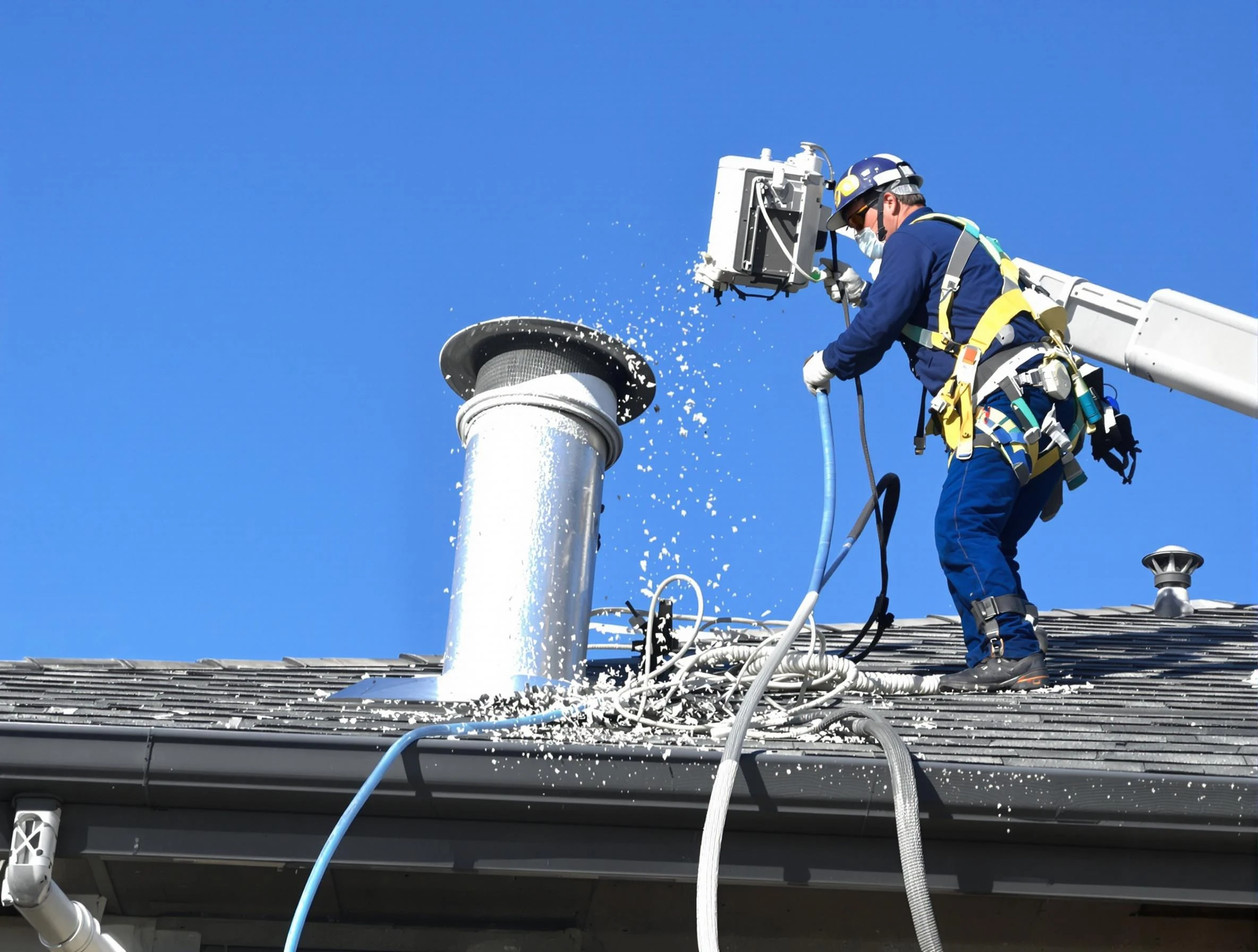 Sandy Springs Dryer Vent Cleaning certified technician safely cleaning a roof-mounted dryer vent in Sandy Springs