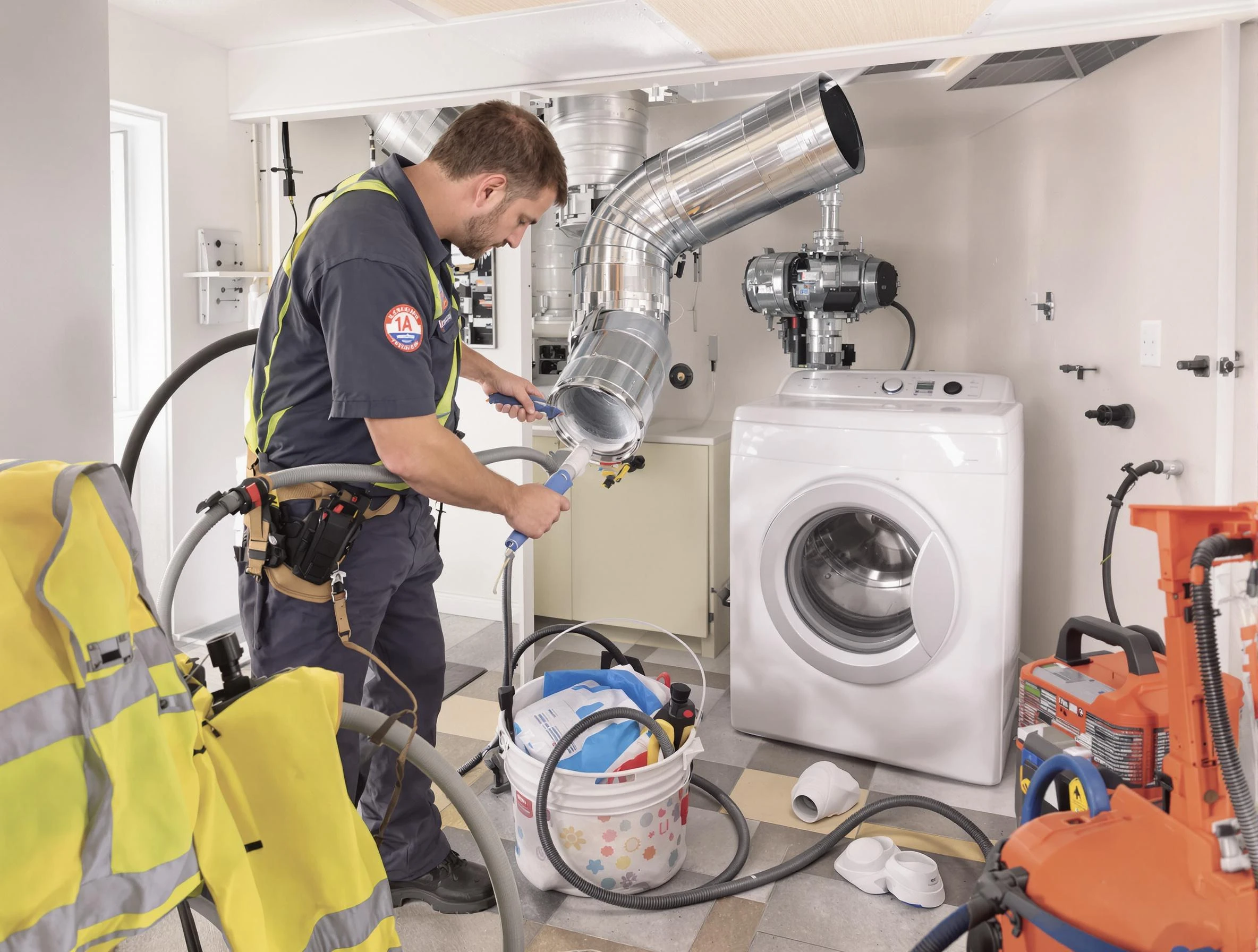 Sandy Springs Dryer Vent Cleaning technician using specialized equipment to clear severe dryer vent blockage in Sandy Springs